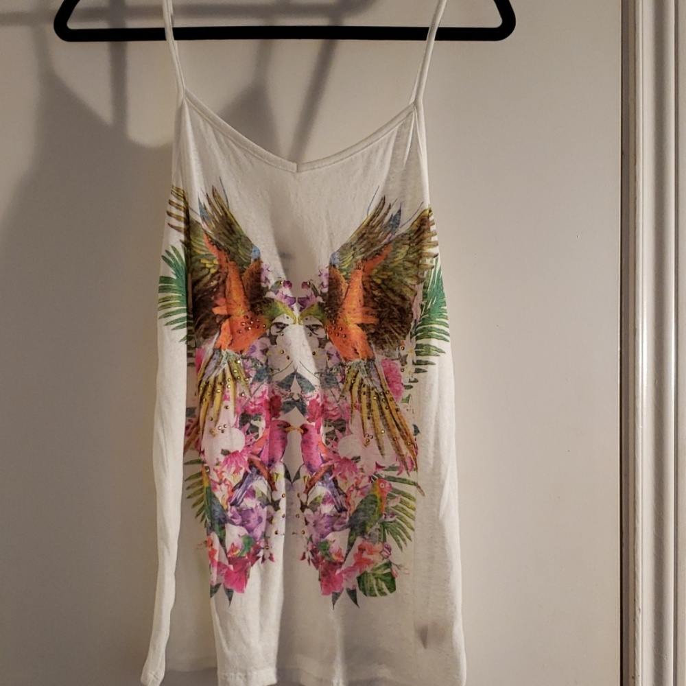 Tru self tank cream colored with floral graphic